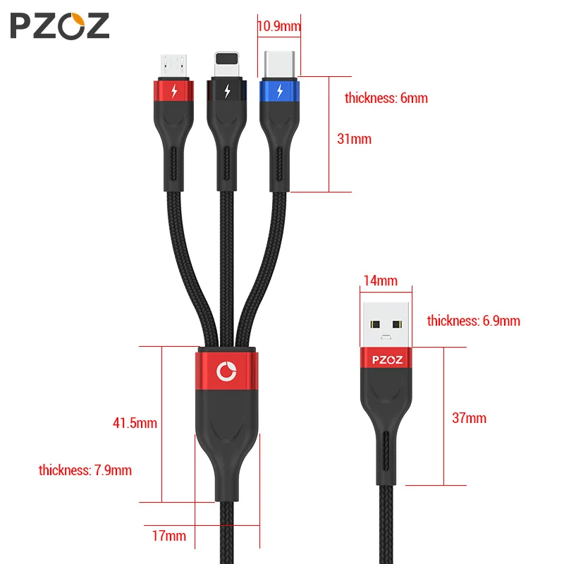 PZOZ 3 в 1 USB кабель Micro USB C адаптер для быстрой зарядки Microusb type-C телефон кабель для зарядного устройства Тип C для iPhone 11 pro X Max Xr 7 6s plus samsung S10 s9 Xiaomi mi 9 redmi note 7 8 шнур