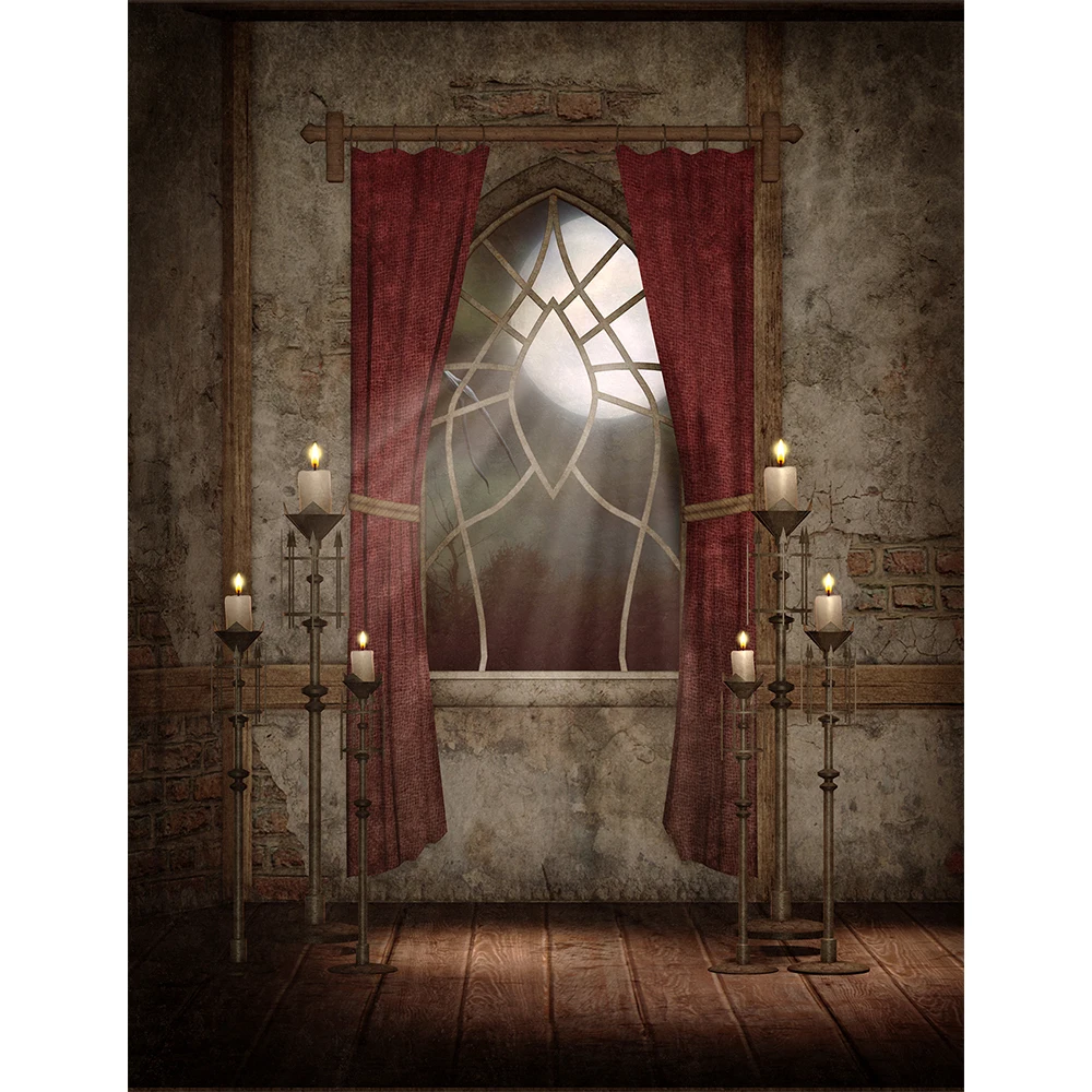 

Halloween Themed Photography Backdrops Window wood floor candle Red Curtain Backgrounds For Photo Studio props