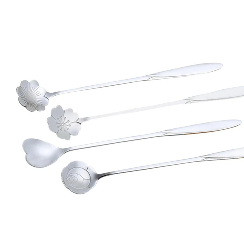 

4 Pcs Spoon Silver Sakura,Rose,Cosmos,Heart-shaped Vintage Flower Shape Icecream Tea Coffee Spoon Small Condiment Spoons Sugar S