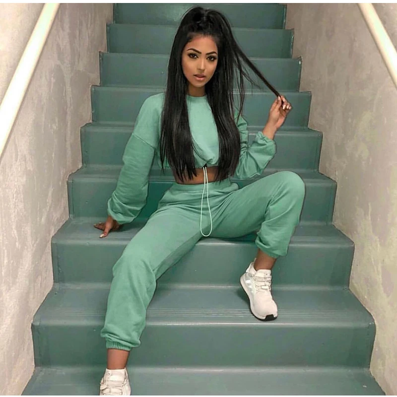 

Colysmo Activewear 2 Piece Set Women 2019 Autumn Streetwear Two Piece Set Loose Casual Drawstring Crop Top Hoodie Long Pants Set