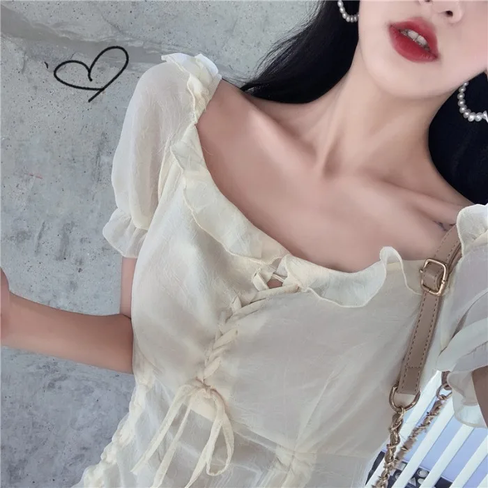 Элегантное обтягивающее винтажное платье vestidos Женская одежда летние оборки на шнурках с пышными рукавами и квадратным воротником Новые платья