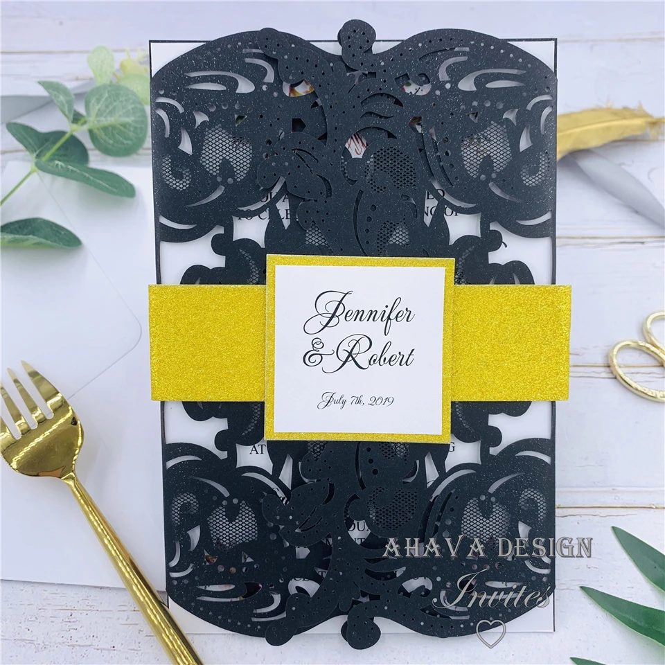 Elegant And Gorgeous Black Invites With Laser Cut Wrap Glitter Belly Band Free Design | Дом и сад