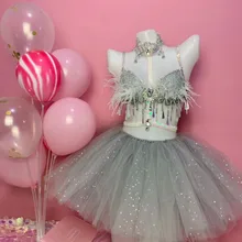 Fashion Gray Rhinestones Fringe Sequins Feather Bra Skirt Outfit Set Women Singer Prom Wear DS Bar Bikini Dancer Outfit Set