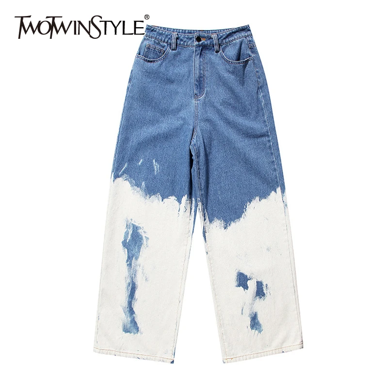 Leg-Pants Jeans Painted Color Denim Asymmetrical Loose Female High-Waist Women Wide Hit