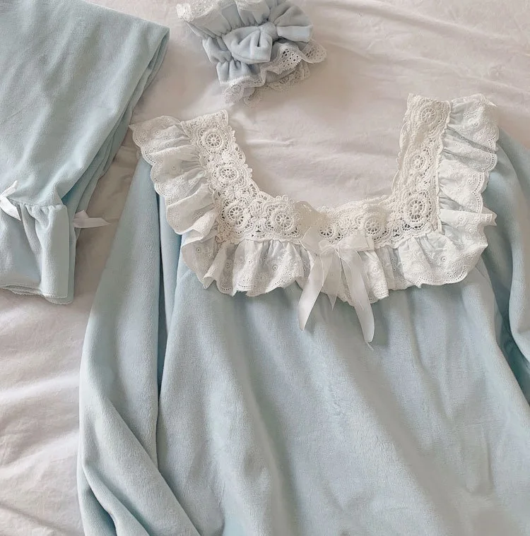 Light Blue Толстые мягкие однотонные велюровые спортивные Для женщин пижамные комплекты осень-зима Красивая Женская кружевная Пижама с отложным воротником пижама с длинными рукавами плюс Размеры - Цвет: Light Blue