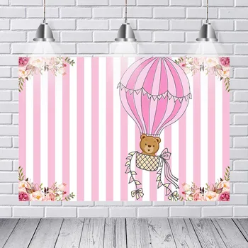 

Photography Backdrops Pink White Stripes Air Balloon Bear Baby Shower Color Flower Custom Photo Studio Backgrounds Vinyl