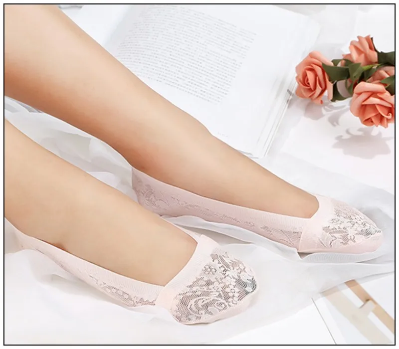 4Pair/lot=8pieces Lace-side Jacquard Shallow Mouth Women Socks Silicone Non-slip Odor-Resistant Female Boat Socks
