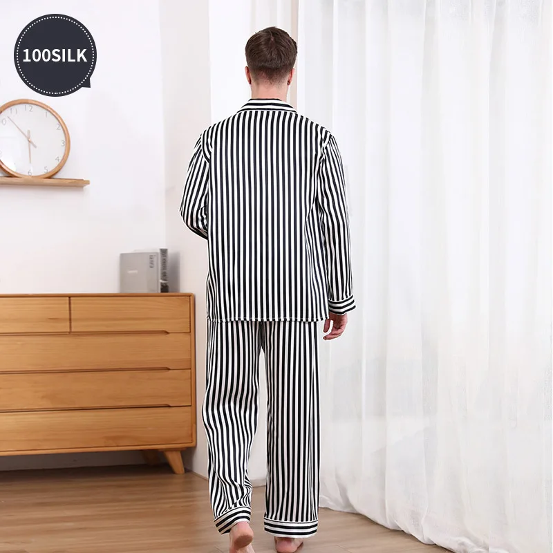 19 mm 100 mulberry silk striped men's pajamas set long-sleeved 100 mulberry silk sleepwear for men mens silk pajama set Pajama Sets