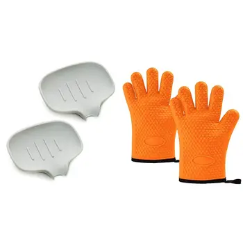 

1 Pcs Heat Resistant BBQ Kitchen Silicone Oven Gloves (Orange)& 2 Pcs Soap Dish with Draining Tray