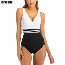 Riseado без брителек, пестрый купальник Одна деталь купальные костюмы V-Neck Для женщин Черный и белый пляжная одежда сексуальный боди U-спинкой банные костюмы