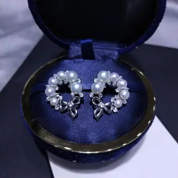 

S925 sterling silver earrings fresh water pearl brand stud bow earrings wreath beaded