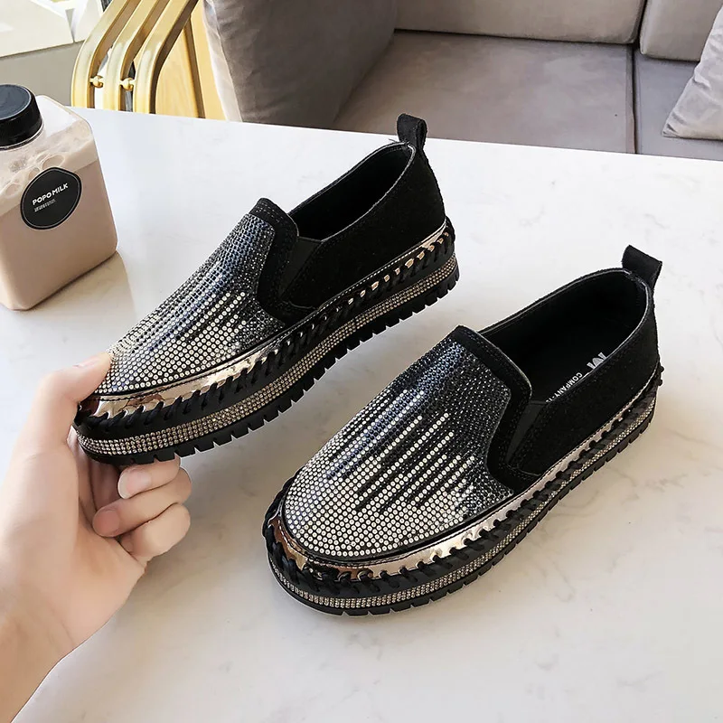 Весна женская обувь Туфли без каблуков повседневная обувь слипоны Женская обувь для отдыха Стразы блестящая обувь на платформе женские лоферы