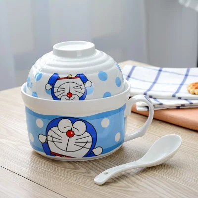 design 19 Мультяшный Дораэмон Кот КИТ Жираф керамика 2 в 1 лапша быстрого приготовления суповая чаша фарфоровая миски для риса с ложкой палочка для еды - Цвет: design 19