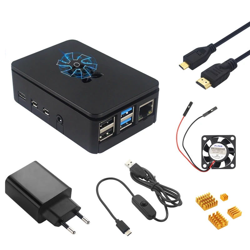Raspberry Pi 4 модель чехол пластиковый корпус ABS корпус коробка с охлаждающим вентилятором радиатор адаптер питания SD карта HDMI кабель для RPI 4