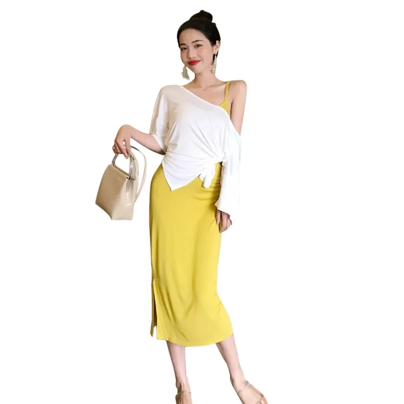 

Women Small Fragrance Wind Solid Color Sexy Two Piece Set Sling Dress + Loose Casual One Shoulder Strap Tops Set