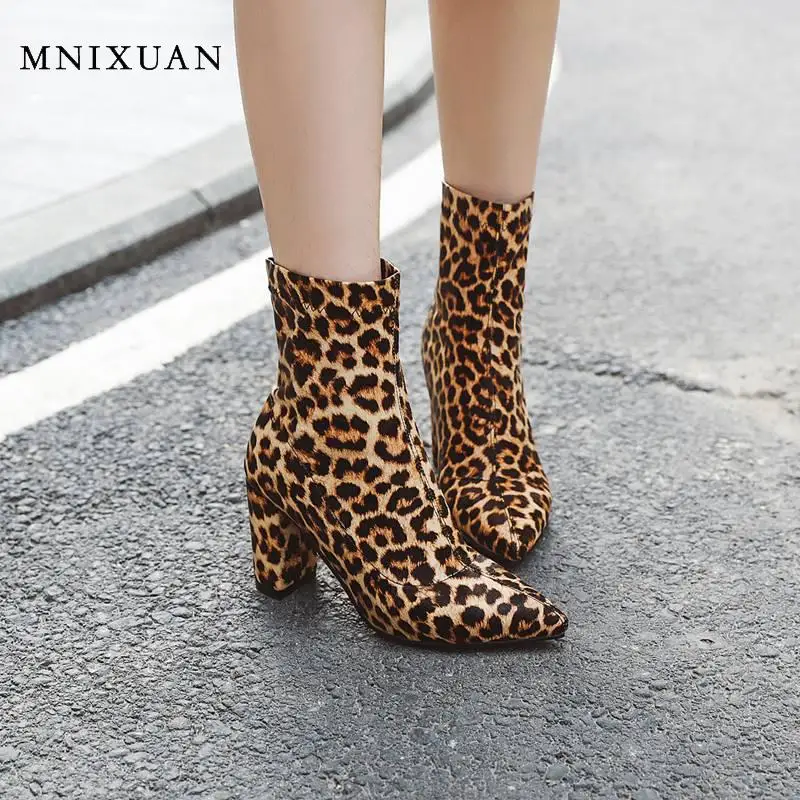

MNIXUAN Spring Autumn Square High Heels Ankle Boots Size 10 Shoes 2019 Women pointed toe block heel Leopard Shoes Glitter Boots