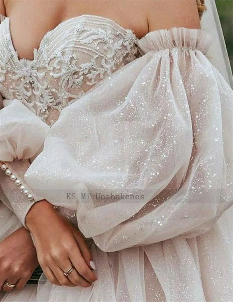 Dirty Pink Boho Wedding Dress 2021 Detachable Puff Sleeve Bridal Dresses Glitter Sparky Lace Wedding Gowns Beach Sweetheart 4