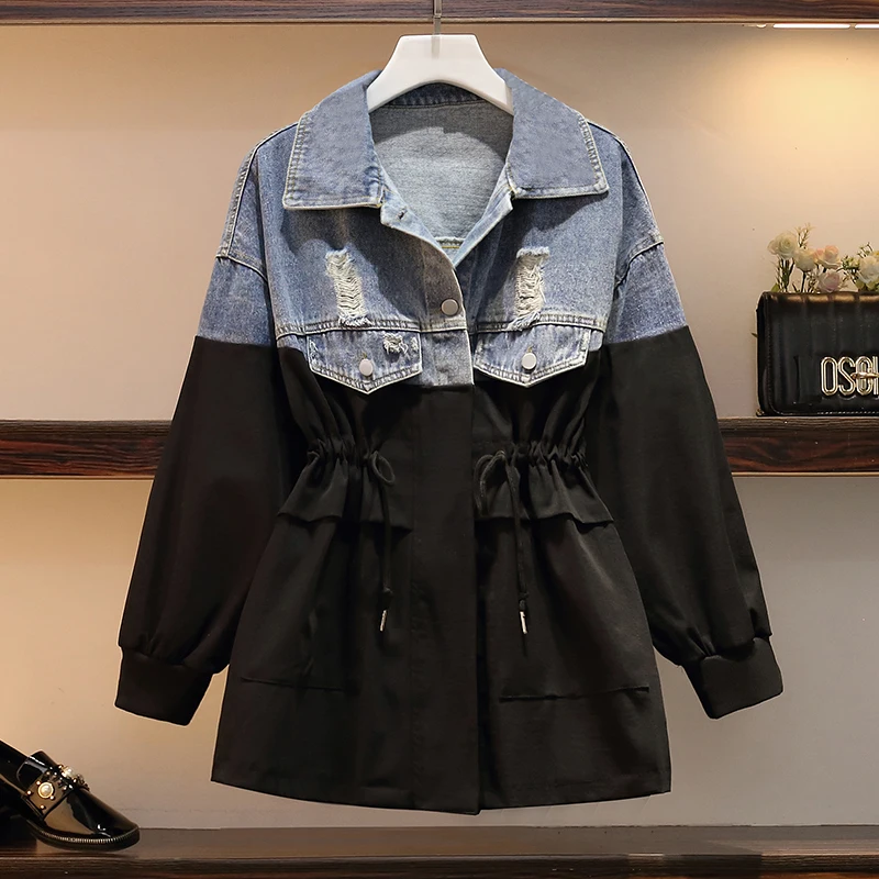 lower price  4XL autumn new fashion long hole denim stitching windbreaker jacket