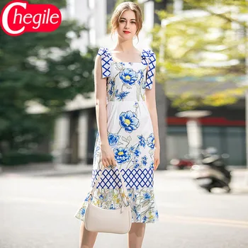 

Fashion Runway Summer Dress 2020 Women's Sleeveless Floral Print Spaghetti Strap Mermaid New Elegant Dress Vestidos