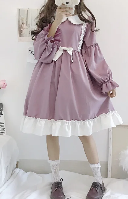 Purple dress Платье в викторианском стиле; милые вечерние платья с кукольным воротником в готическом стиле; вечерние платья в стиле Лолиты; летнее платье в стиле Лолиты; повседневные платья в японском стиле kawaii для девочек - Цвет: Purple dress