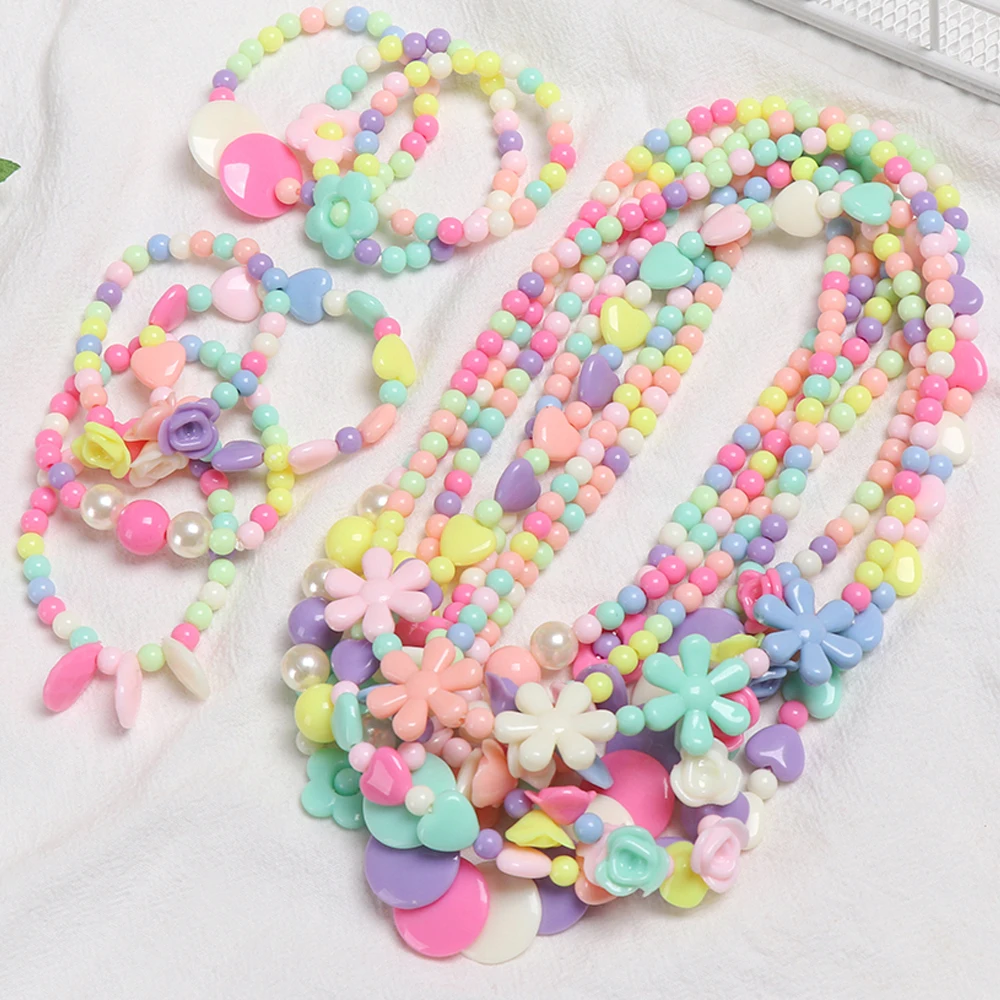 Girls Beads Toys Necklace+Bracelet Butterflies Flowers Baby Handmade Necklace Accessories Princess Kids Birthday Gifts