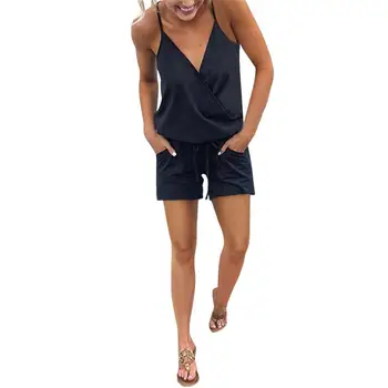 

Women Jumpsuit Casual Solid Color Pocket Off Shoulder V Neck Sleeveless Playsuits Overall Monos de Fiesta 2020 New Drop Shipping