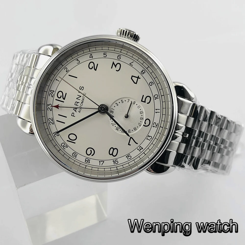 Parnis 42 мм Серебряный чехол GMT арабский знак Дата Окно твердые нержавеющая сталь мужские топ бизнес автоматические механические часы