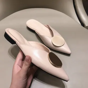 

2019 New Flats Shoes Woman leather slippers Slip On metal Casual Loafer Shoes Summer Sandals size 41 42 43