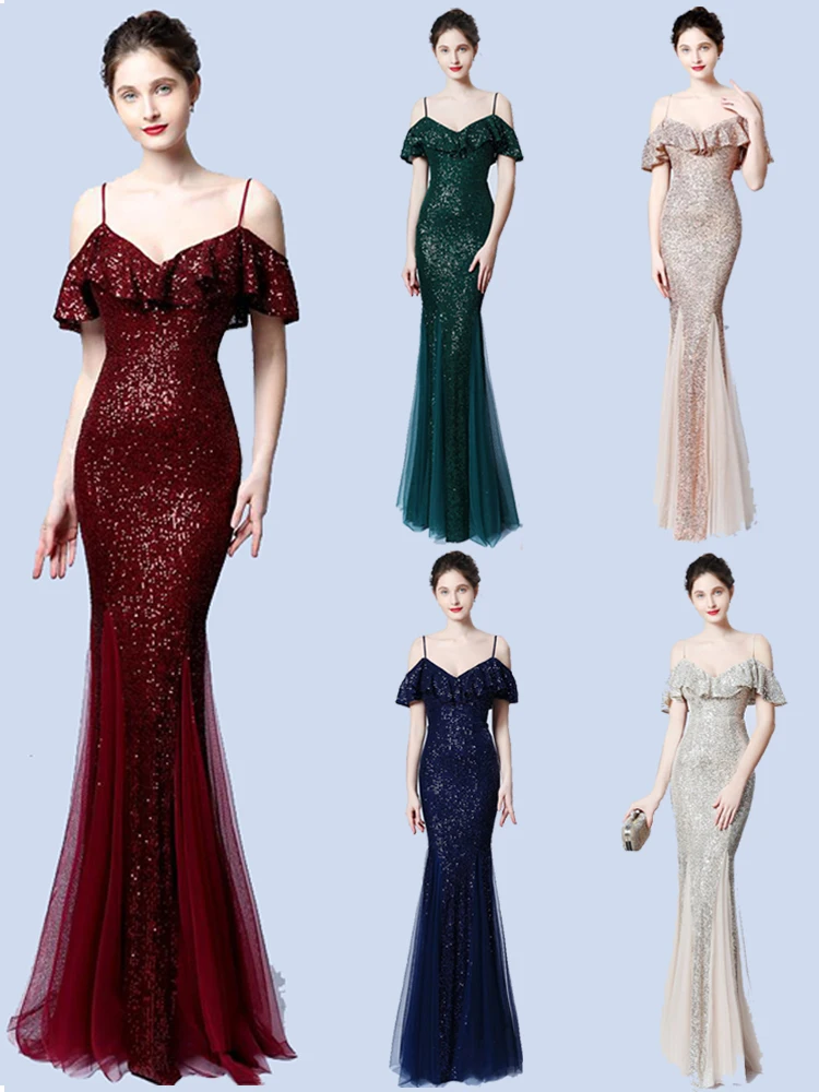 

Formal Evening Dress 2020 New Burgundy Sequined Scalloped Spaghetti Strap Backless Mermaid Long Robe Navy Blue Party Dress