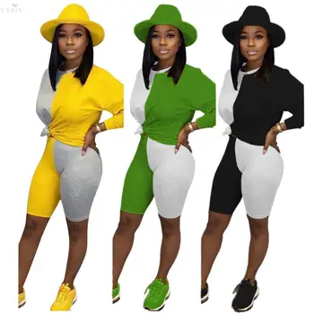 

Casual Patchwork Two Piece Set Women Tracksuit Pullover Loose Tops + Skinny Shorts Spring Home Elegant Vestidos Women Outfits