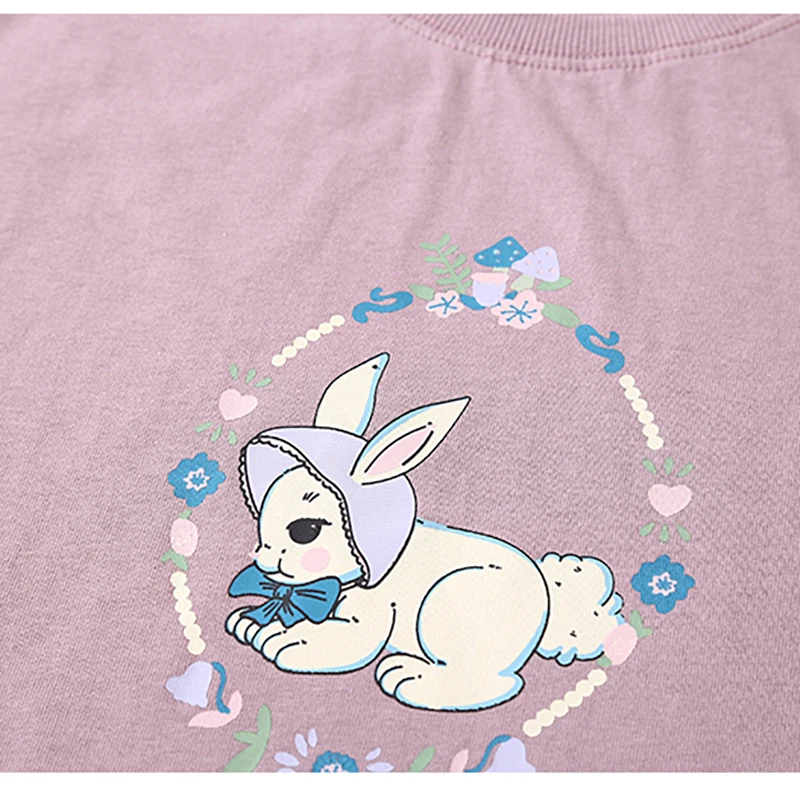 Korean Summer Women Loose T-shirt Purple Short Sleeve High Quality Garlands Sweet Rabbit Print Girl's Teen Loose Tee Tops Tshirt
