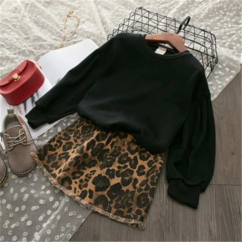 Повседневный комплект одежды для девочек, толстовка с рисунком утки леопардовая юбка трапециевидной формы комплект одежды для девочек костюм для девочек детский спортивный костюм - Цвет: Черный
