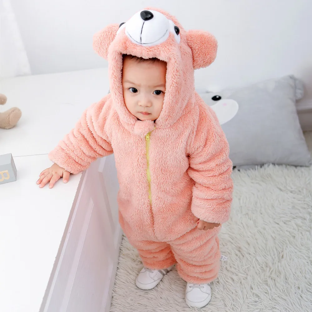 Цельнокроеные зимние утолщенные Комбинезоны из кораллового флиса для маленьких мальчиков; Верхняя одежда; детская одежда; комбинезоны с капюшоном с милыми животными для девочек
