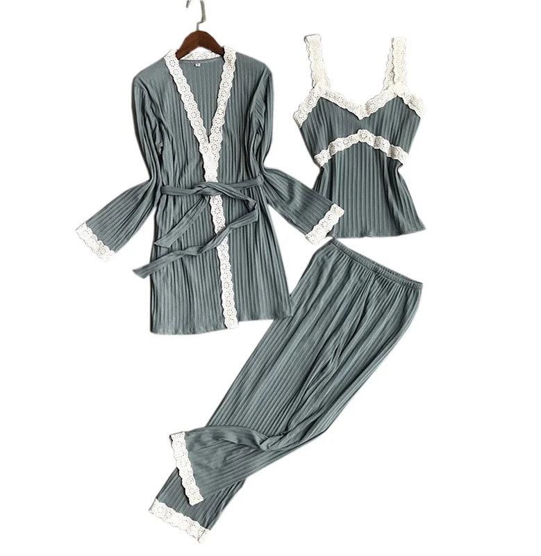 3 шт., корейские сексуальные кружевные модные весенние халаты, комплекты, женские пижамы, пижамы с длинным рукавом, качественные пижамы для женщин, домашняя одежда