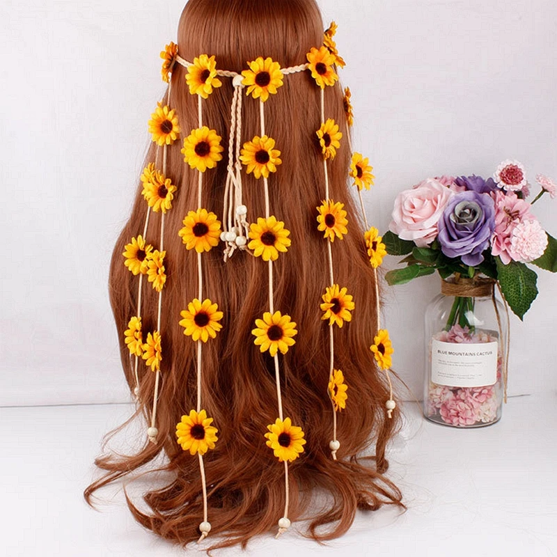 

New Sunflower Wreath Gradient Festival Stretch Elasticity Headband Yellow Floral Flower Crown Female Daisy Bohemian Headpieces