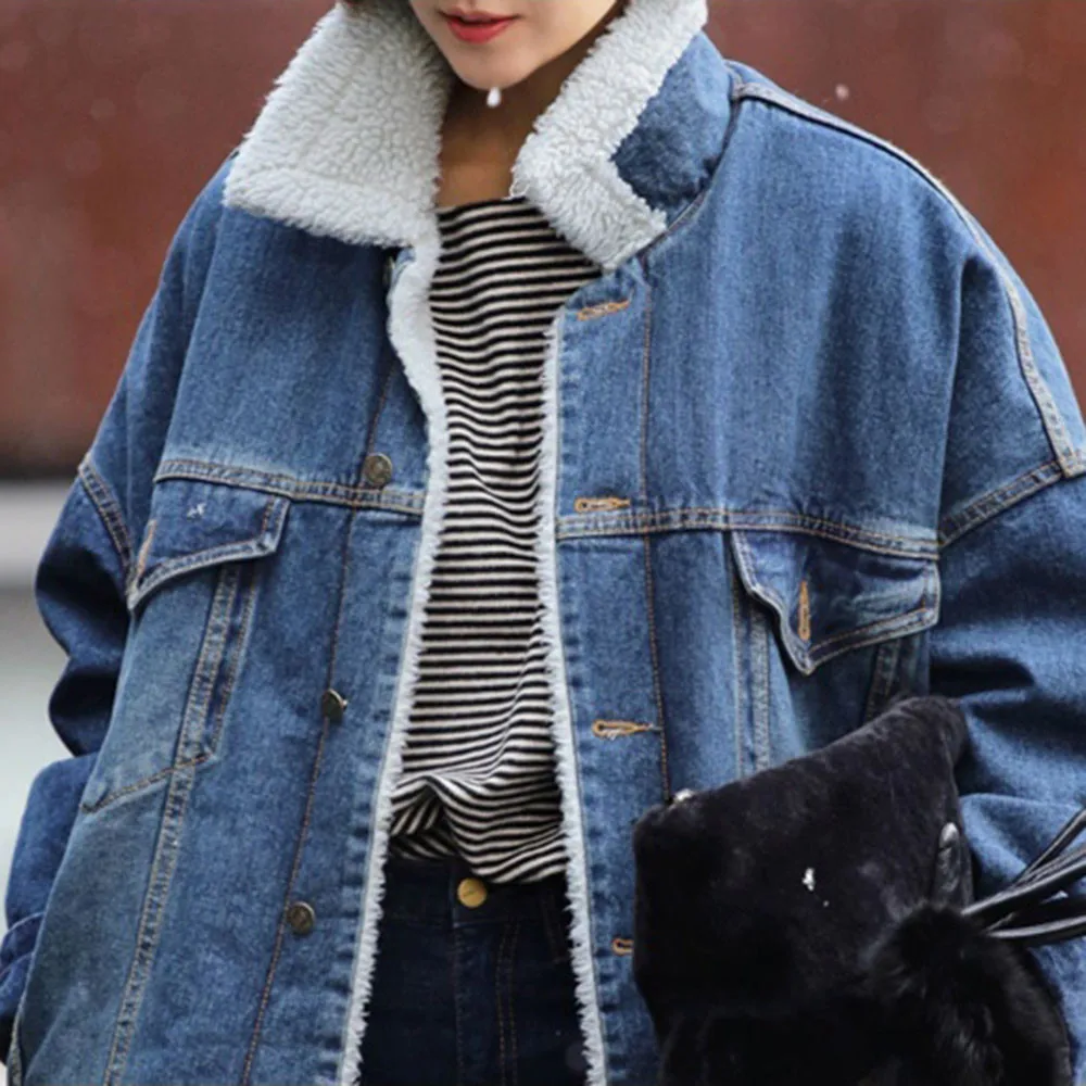 Джинсовая куртка с мехом теплая зимняя женская Новая мода осень шерсть джинсы с подкладкой пальто Женская куртка-бомбер Casaco Feminino