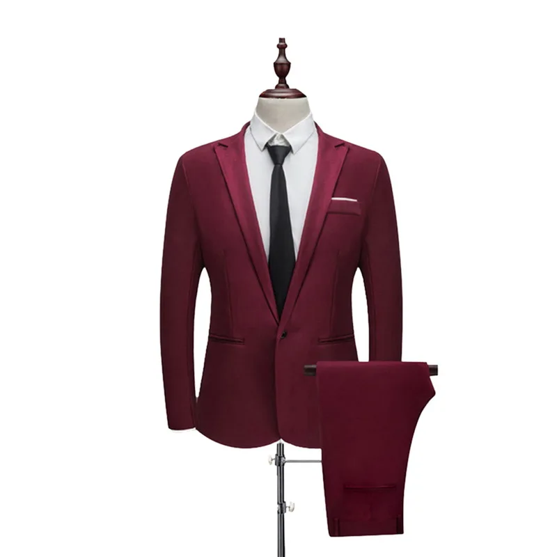 burgundy-2 Классический мужской деловой костюм, комплекты из 3 предметов: пиджак+ жилет+ брюки, деловые костюмы, одноцветные приталенные деловые комплекты для свадебной вечеринки - Цвет: burgundy-2
