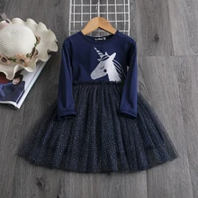 Платье с единорогом для маленьких девочек от 3 до 8 лет Детские платья-пачки, расшитые блестками осенне-зимняя повседневная школьная одежда с длинными рукавами