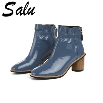 

Salu New Top Quality Real Leather Boots Women High Heels Platform Ankle Boots for Women Round Toe Autumn Winter Shoes