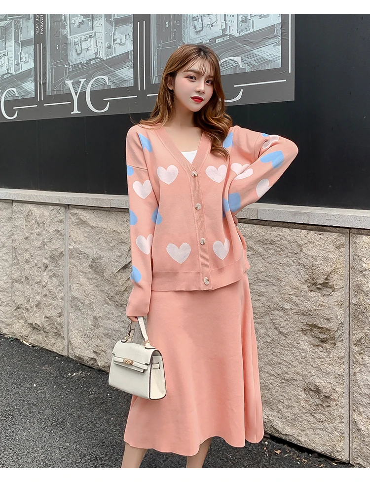 Autumn Winter Women Elegant Love Heart Knitted Cardigan Sweater+High Waist A-Line Skirt 2 Piece Set Loose Knitted Midi Dress Set