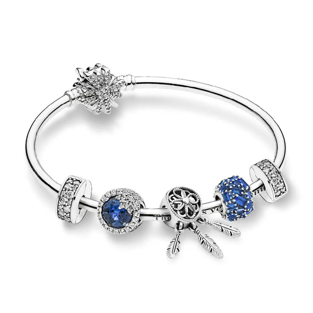

NEW 100% 925 Sterling Silver ZT0208 Flashing Ice Crystal Winter Bracelet Set 797746NSBL Blue Chiselled Elegance Charm Original