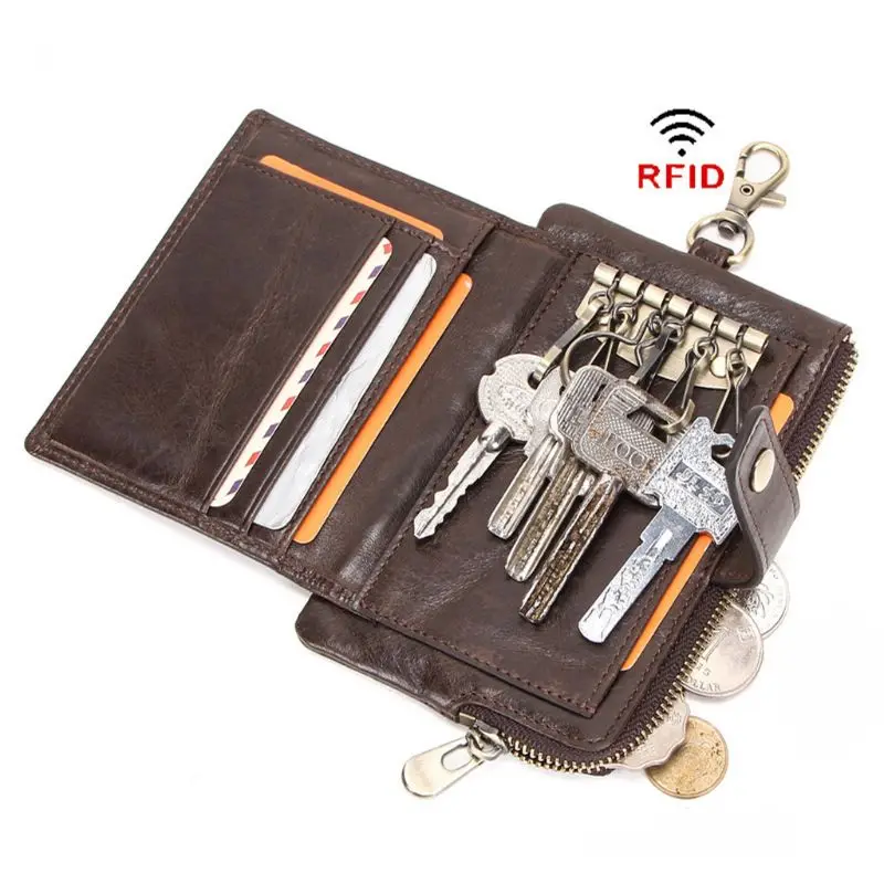 

Men's RFID Blocking Genuine Leather Wallet Key Pocket Card Holder Bifold Purse With Key ring and hooks design