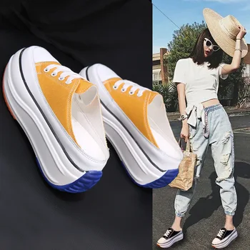 

2020 Summer new half slippers Baotou without heel inside increase women's sneakers outdoor canvas walking shoes women ZZ-245