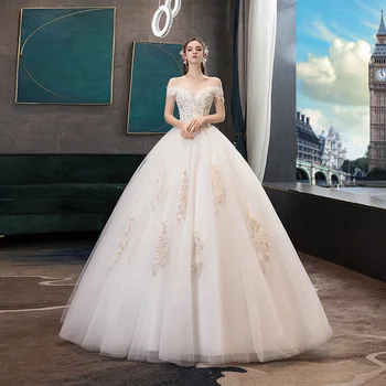 

Ezkuntza 2020 New Boat Neck Off The Shoulder Simple Wedding Dress Lace Embroidery Sequins Plus Size Slim Vestidos De Novia