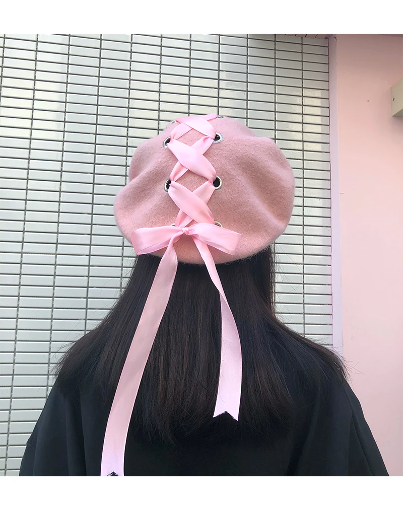 H3543, женский шерстяной берет, Корейская шапка Harajuku с перекрестной повязкой, вязаная шляпа с бантом, Осень-зима, для художника, высокое качество, модные женские шапки на ремешке