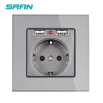 

SRAN EU standard wall electrical power socket，socket with usb dual ports gray crystal glass and pc panel 86mm*86mm usb plug