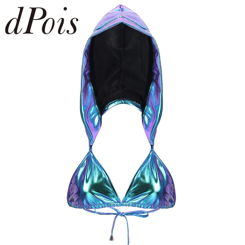 Женское блестящее металлическое бюстье, купальник, бикини, топы для женщин, глубокий v-образный вырез, открытая спина, с капюшоном, бюстгальтер, топы, сексуальные, для ночного клуба, Одежда для танцев