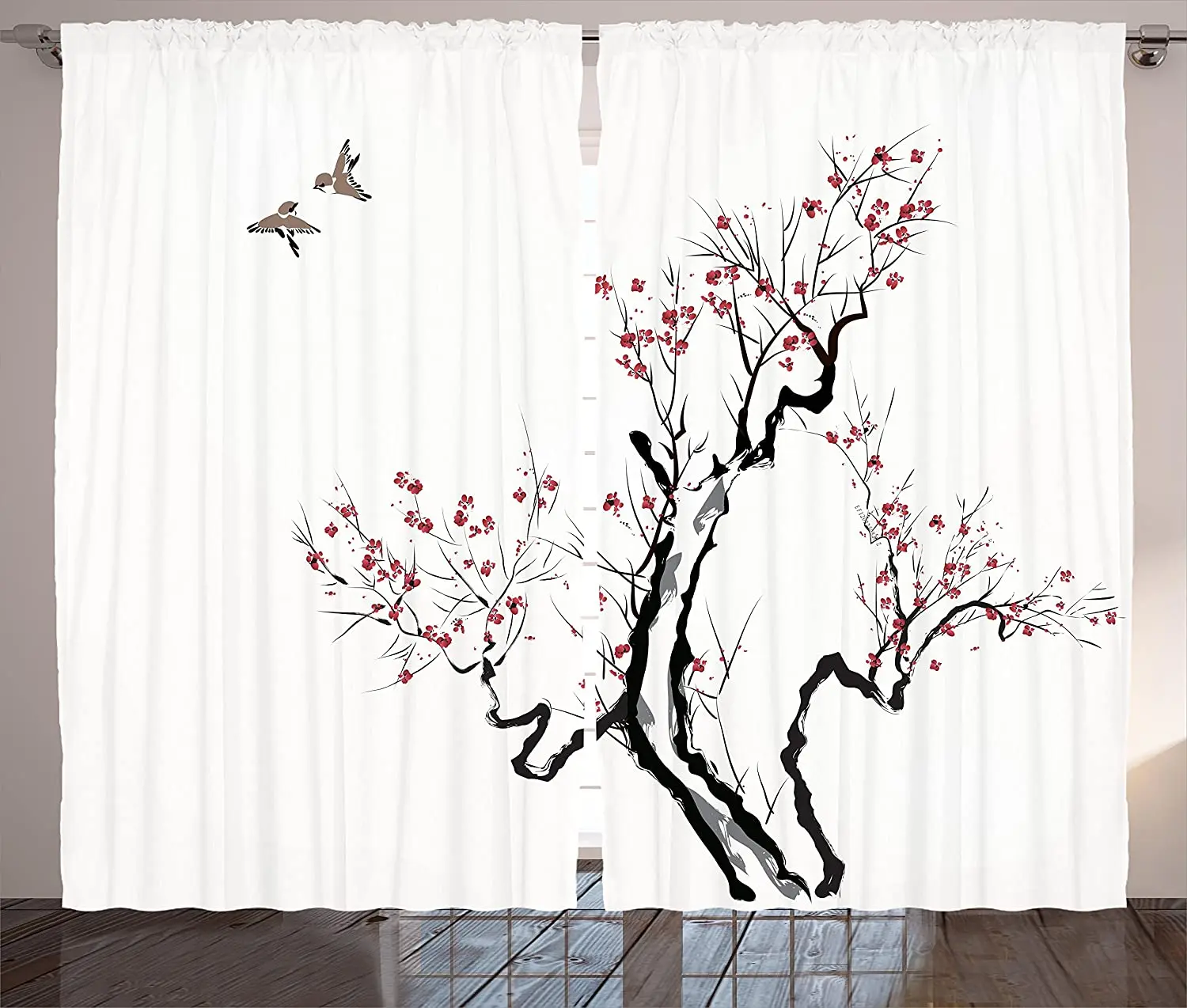 Floral Curtains Classic Paint Style Artwork Flower Branches Blossom and Flying Birds Living Room Bedroom Window Drapes White | Дом и сад