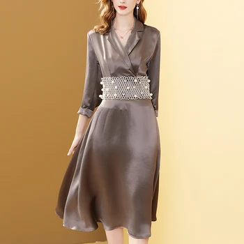 

Gedivoen Autumn Fashion Designer Midi Dress Women Solid Notched Collar Beading A Line Dress Elegant Party Dresses Vestidos