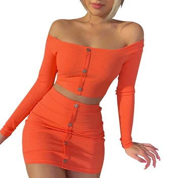 

Track suit Womens Summer Navel Short Two Piece Set Dress Orange Commute Single-breasted High Waist Suit Skirt
